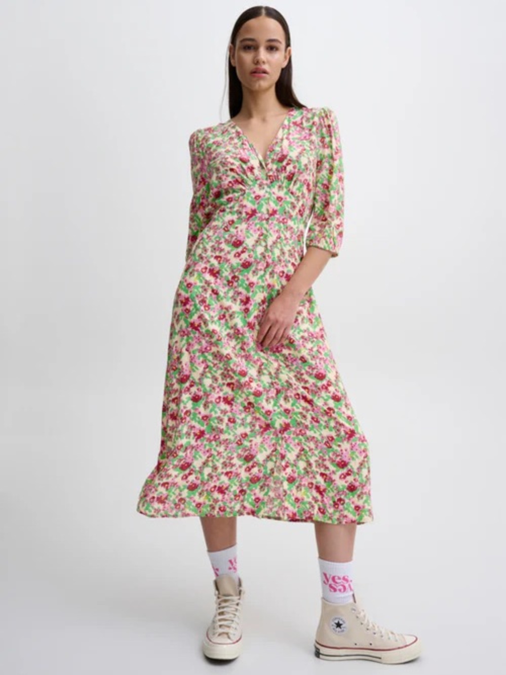 ICHI Enora Button Front Midi Dress
